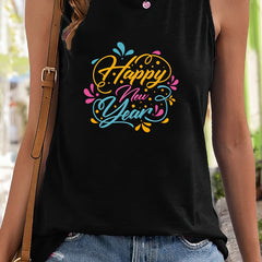 Happy Year Letter Sleeveless Sports Vest Stretchy Casual Tops