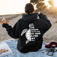 Turtle & Letter Print Kangaroo Pocket Hoodie Long Sleeve Drawstring Hoodies
