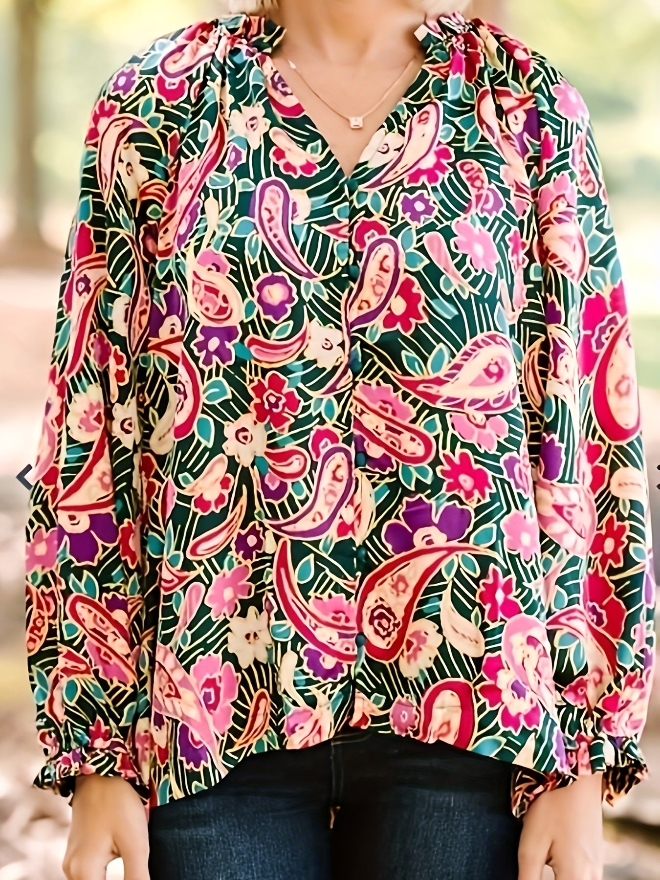 Women's Plus Paisley Floral Print Lantern Sleeve V Neck Loose Fit Blouse