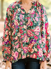 Women's Plus Paisley Floral Print Lantern Sleeve V Neck Loose Fit Blouse