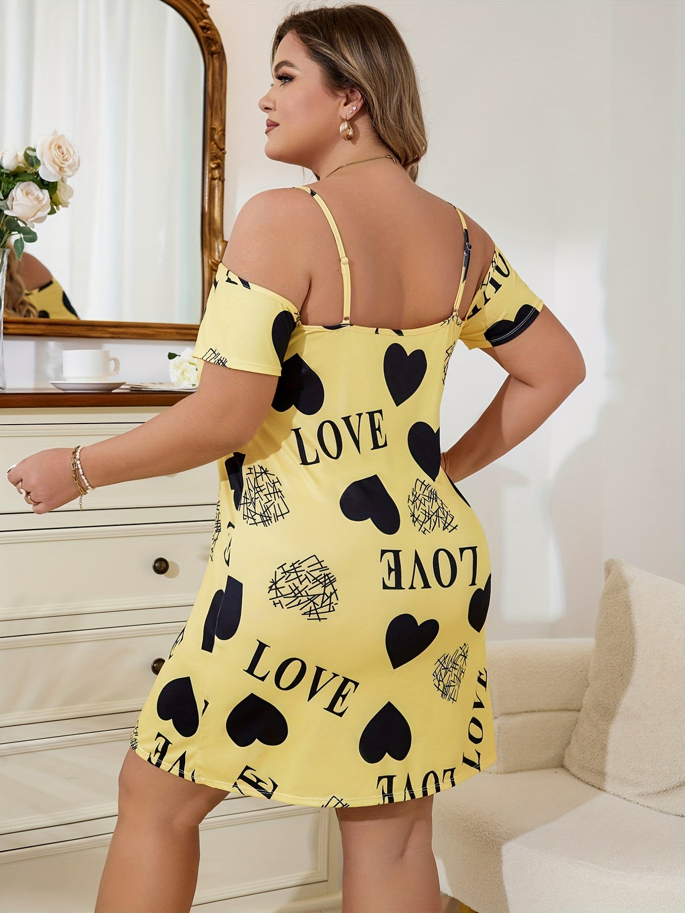 Plus Satin Heart & Letter Print Cold Shoulder Cami Sleep Dress