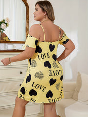 Plus Satin Heart & Letter Print Cold Shoulder Cami Sleep Dress