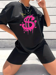 2pcs Summer Dollar Graphic T shirts & Solid Shorts Women's Activewear