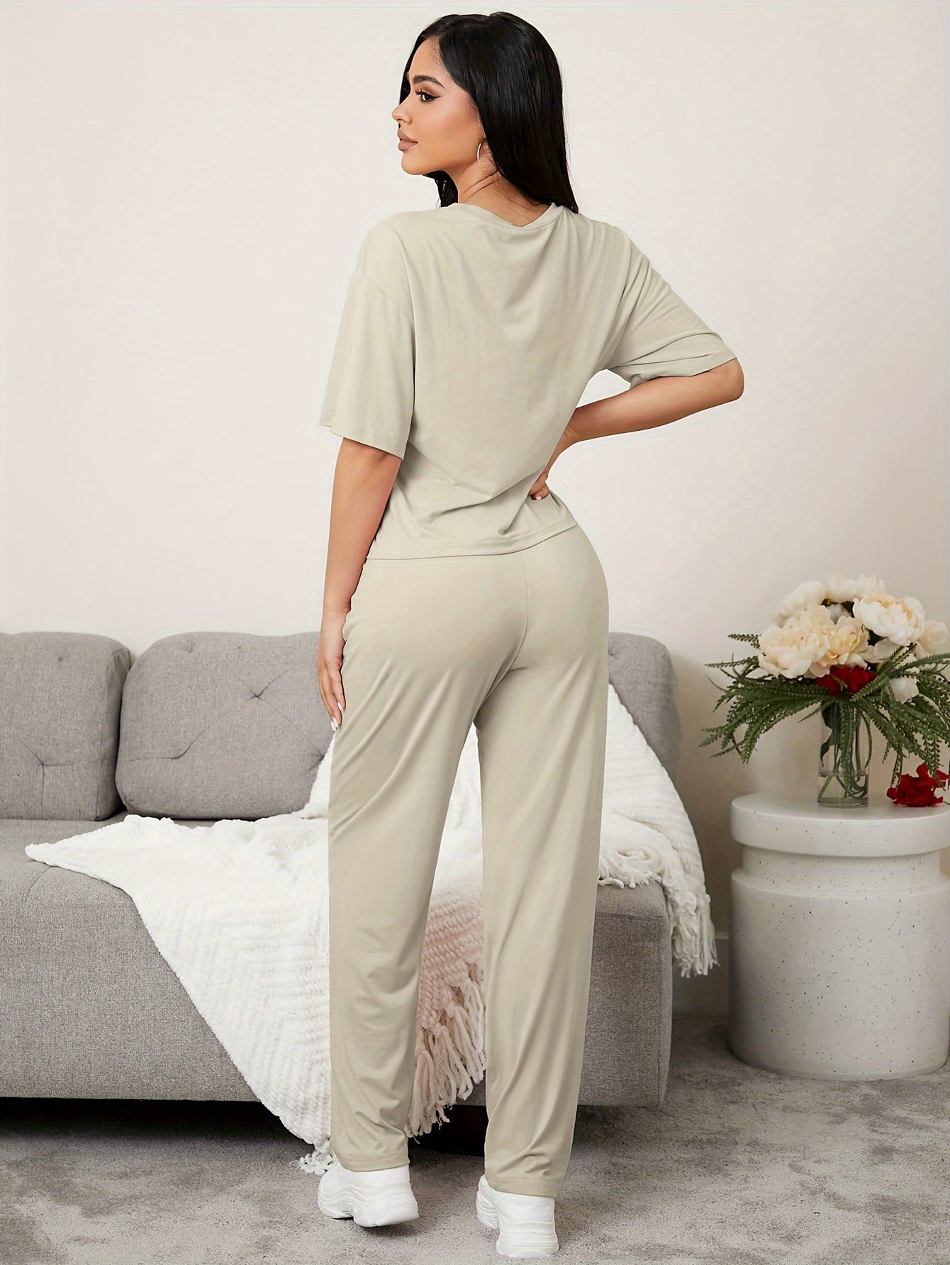Smile Print Pajama Set Short Sleeve Tee Top & Pants Women's Sleepwear
