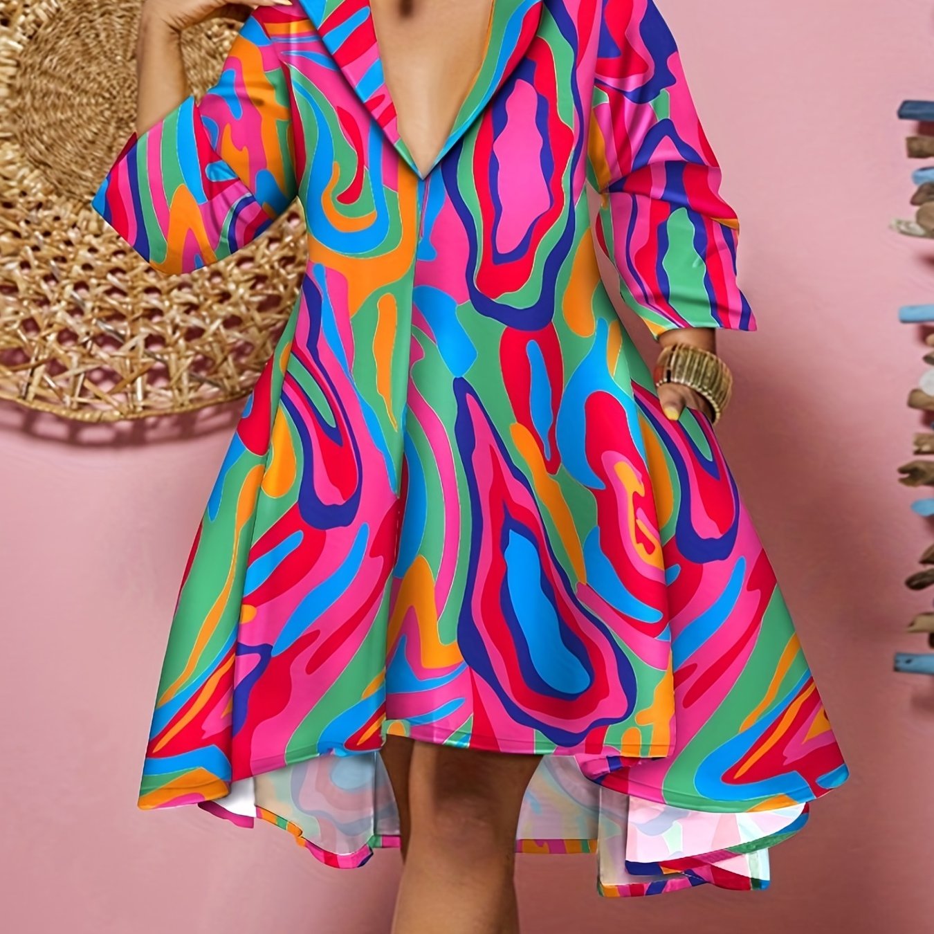 Printed Long Sleeve Polo Neck Dress