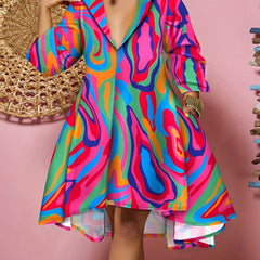 Printed Long Sleeve Polo Neck Dress