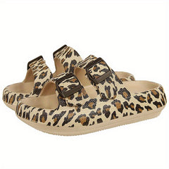 Leopard Print Slides Soft Sole Double Buckle Strap Bathroom Shoes