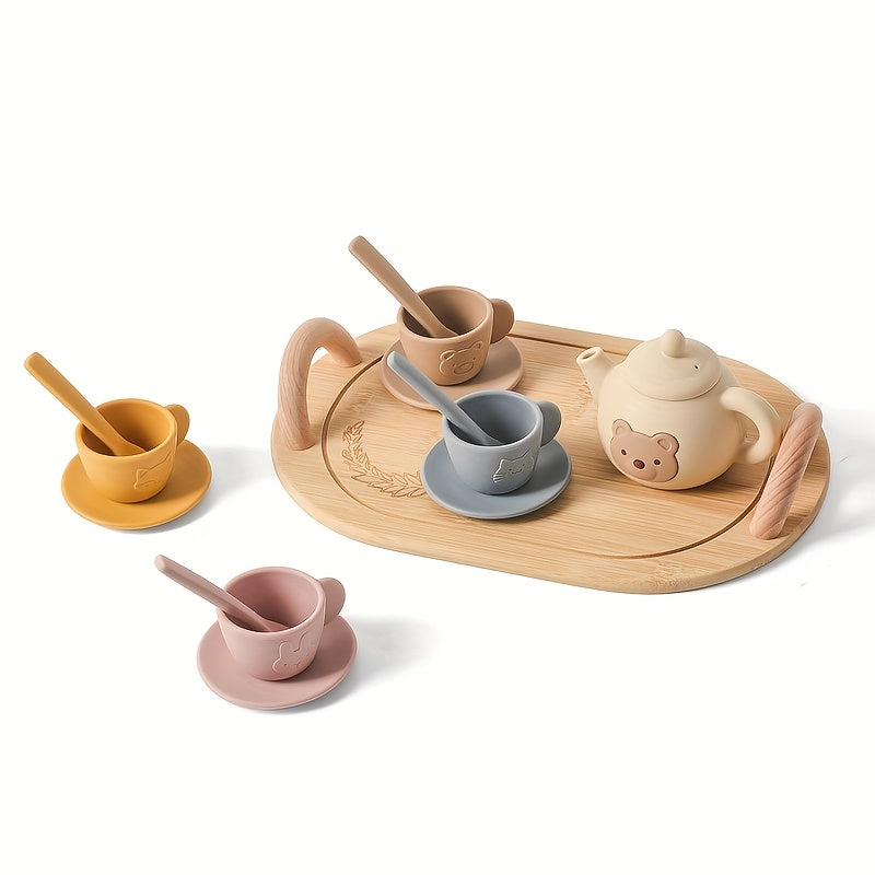 Silicone Tea Set Bear Wooden Pretend Play Toy Girls Mini Tea Cup and Teapot Set
