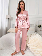 Satin Pajama Set with Long Sleeve Robe & Elastic Waistband Pants