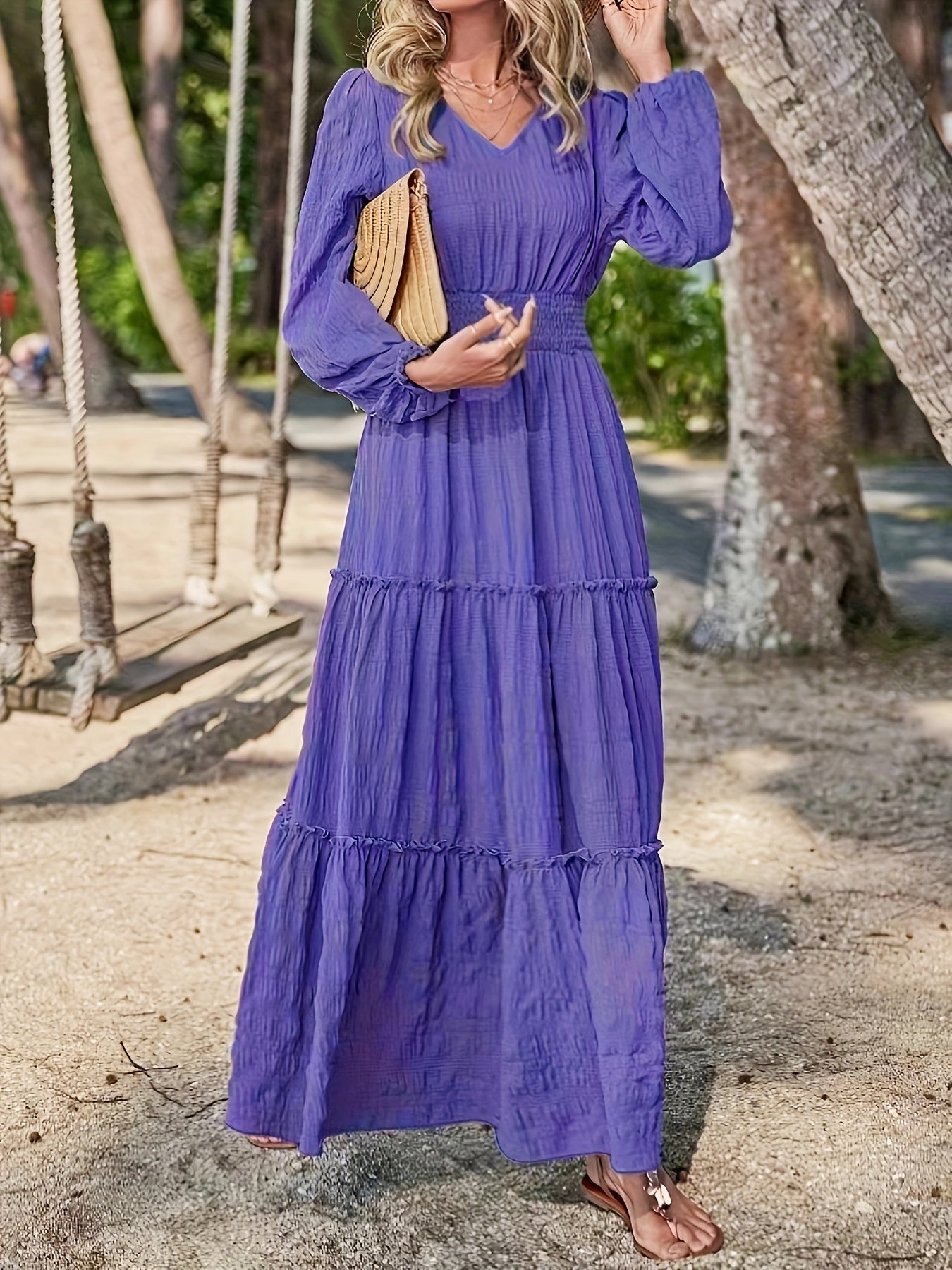Solid Textured Nipped Waist Lantern Sleeve Maxi Dress