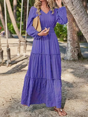 Solid Textured Nipped Waist Lantern Sleeve Maxi Dress