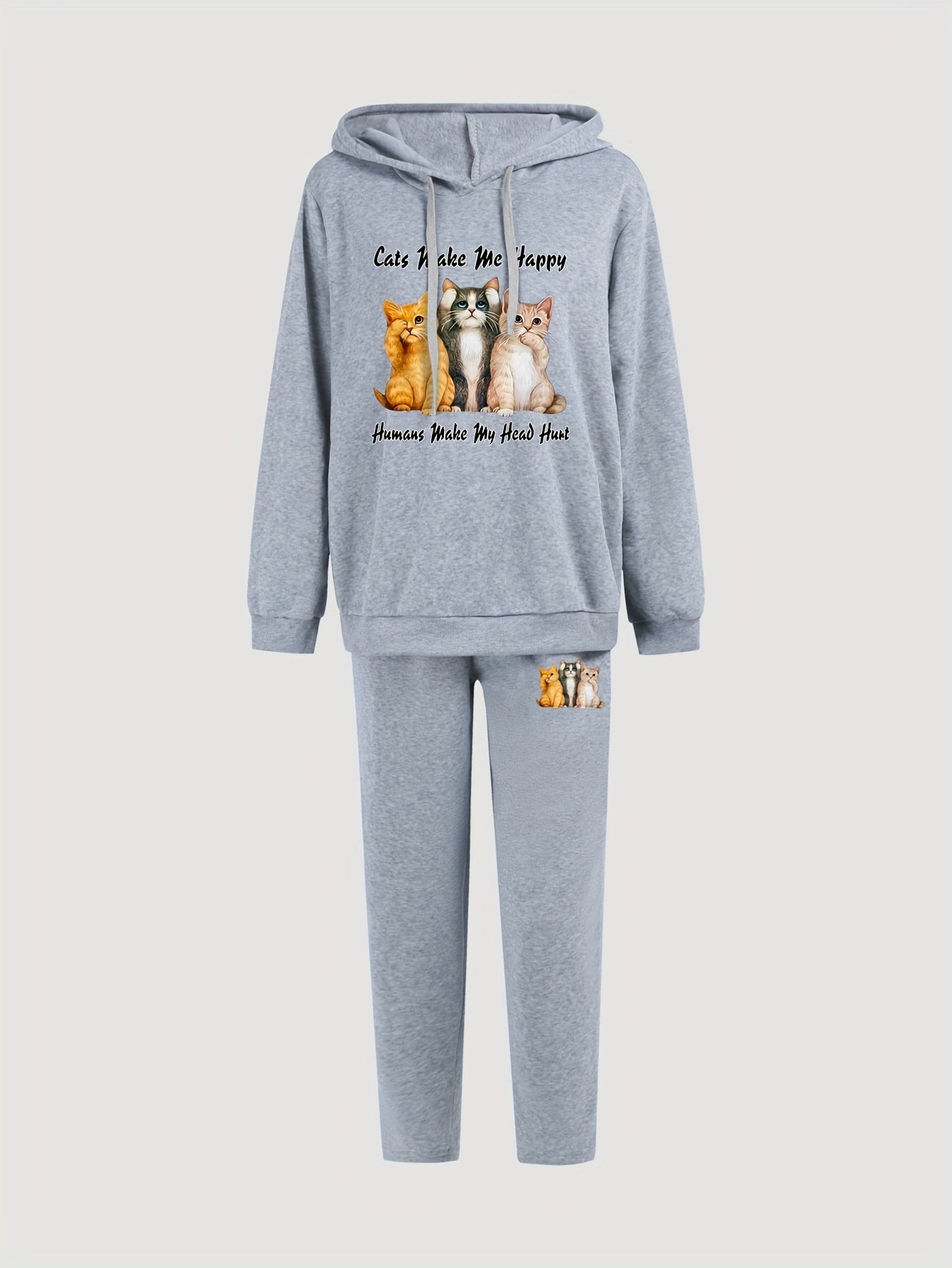 Cat & Slogan Print Hoodie & Sweatpants Set
