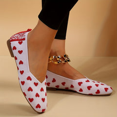 Women's Heart Pattern Flats Square Toe Knitted Slip On Shoes