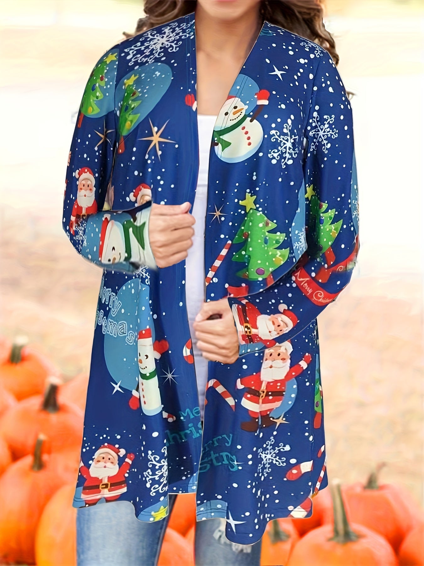 Christmas Cardigan Women's Plus Christmas Tree & Santa Claus Print