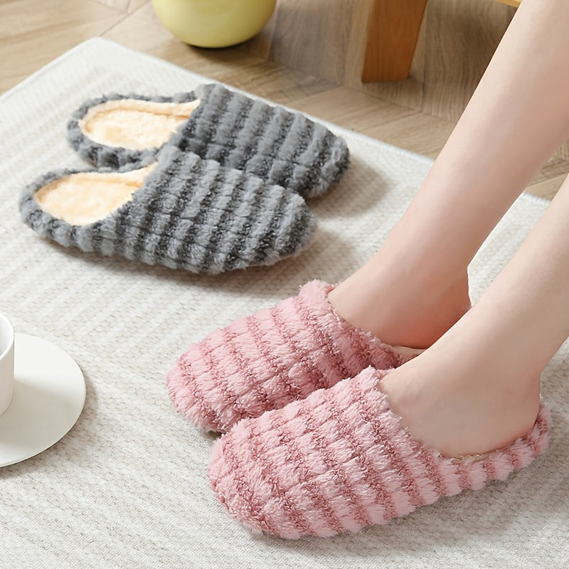 Women's Plush Striped House Slippers Anti-slip Soft Sole