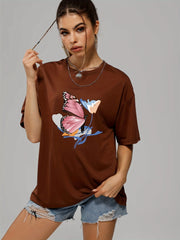 Butterfly & Flower Print Summer T-shirt for Women