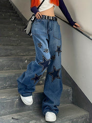 Star Patch Baggy Loose Boyfriend Jeans Dark Wash Zipper Button Closure