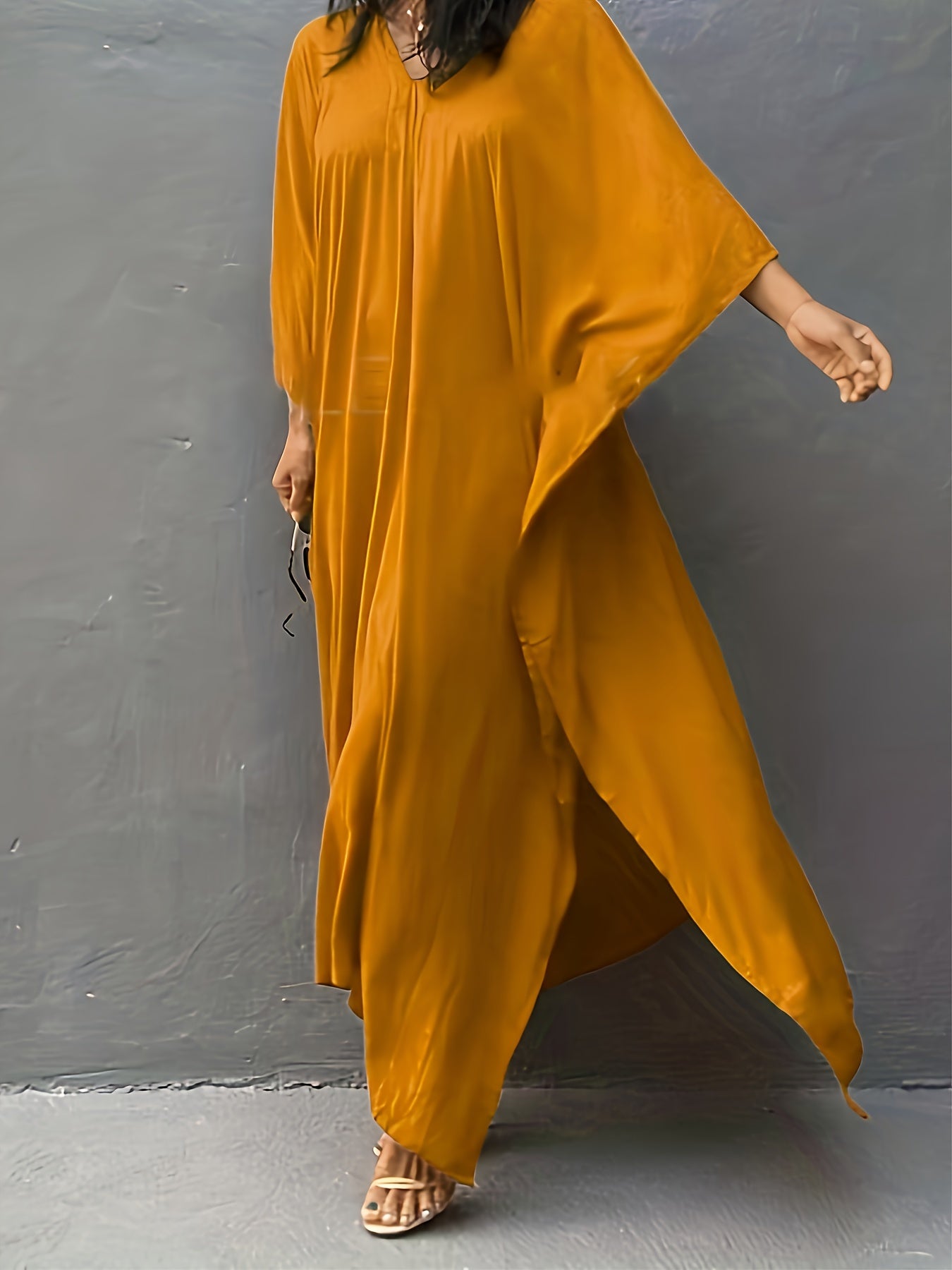 Vacay Cover Up Women's Plus Solid Batwing Sleeve V Neck Maxi Split Kaf