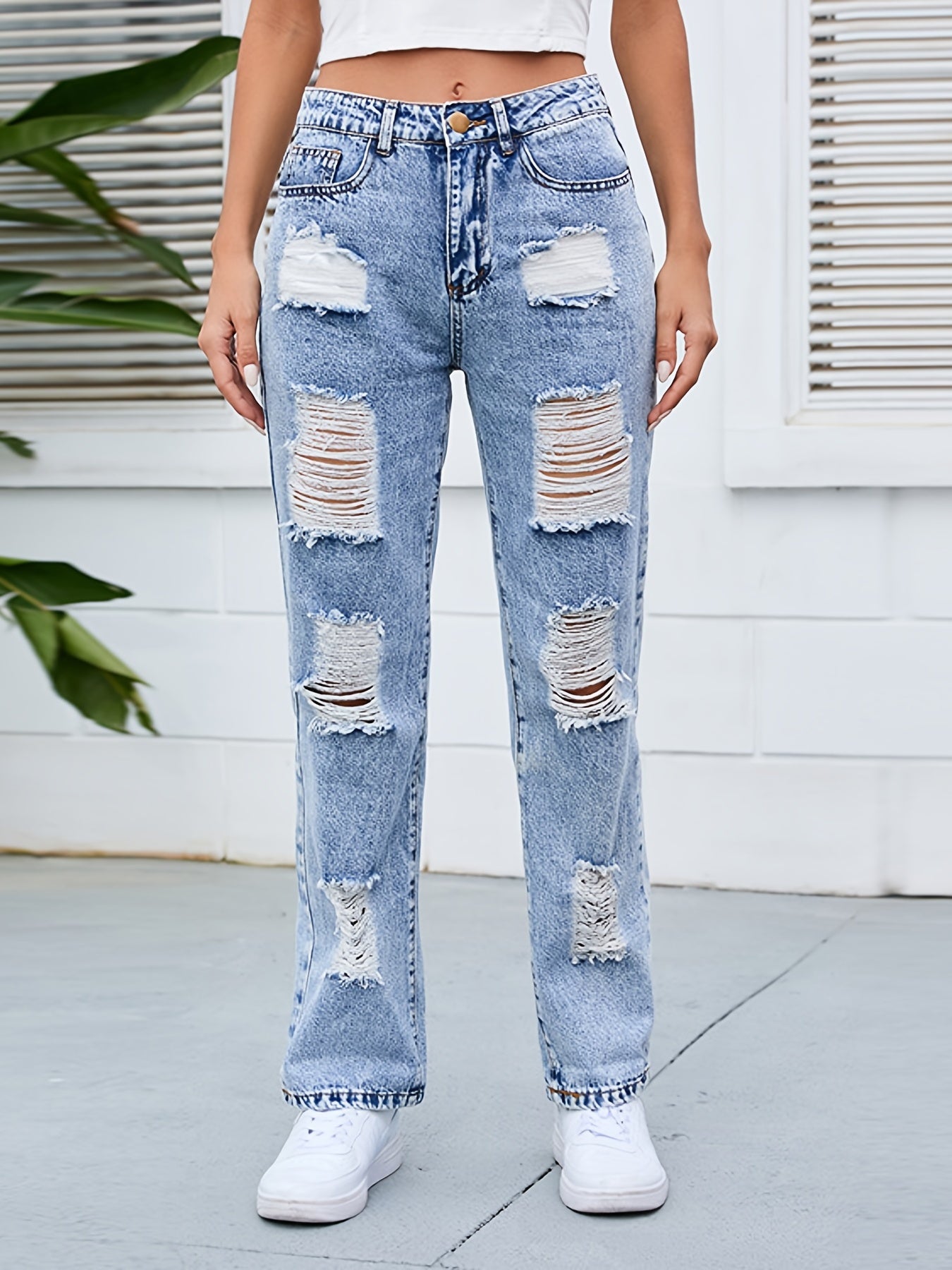 High Waist Distressed Wide Leg Denim Pants
