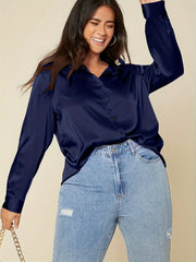 Casual Blouse Women's Solid Satin Button Up Long Sleeve Blouse