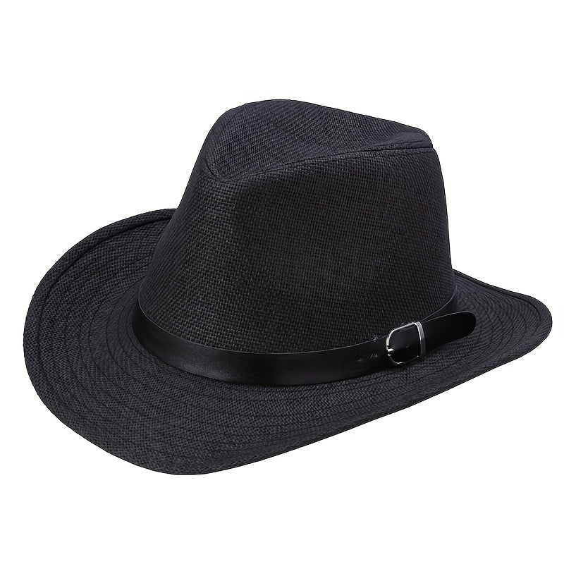 Western Cowboy Straw Fedora Belt Decor Wide Brim Sun Hat