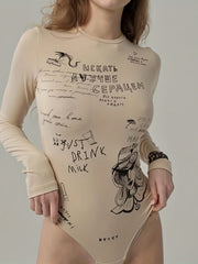 Letter Print Crew Neck Bodysuit Y2K Long Sleeve Slim Bodysuit