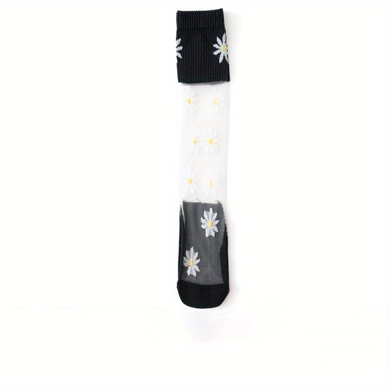 Girls Cotton Flower Knee High Stockings - Children's Daisy Thin Socks