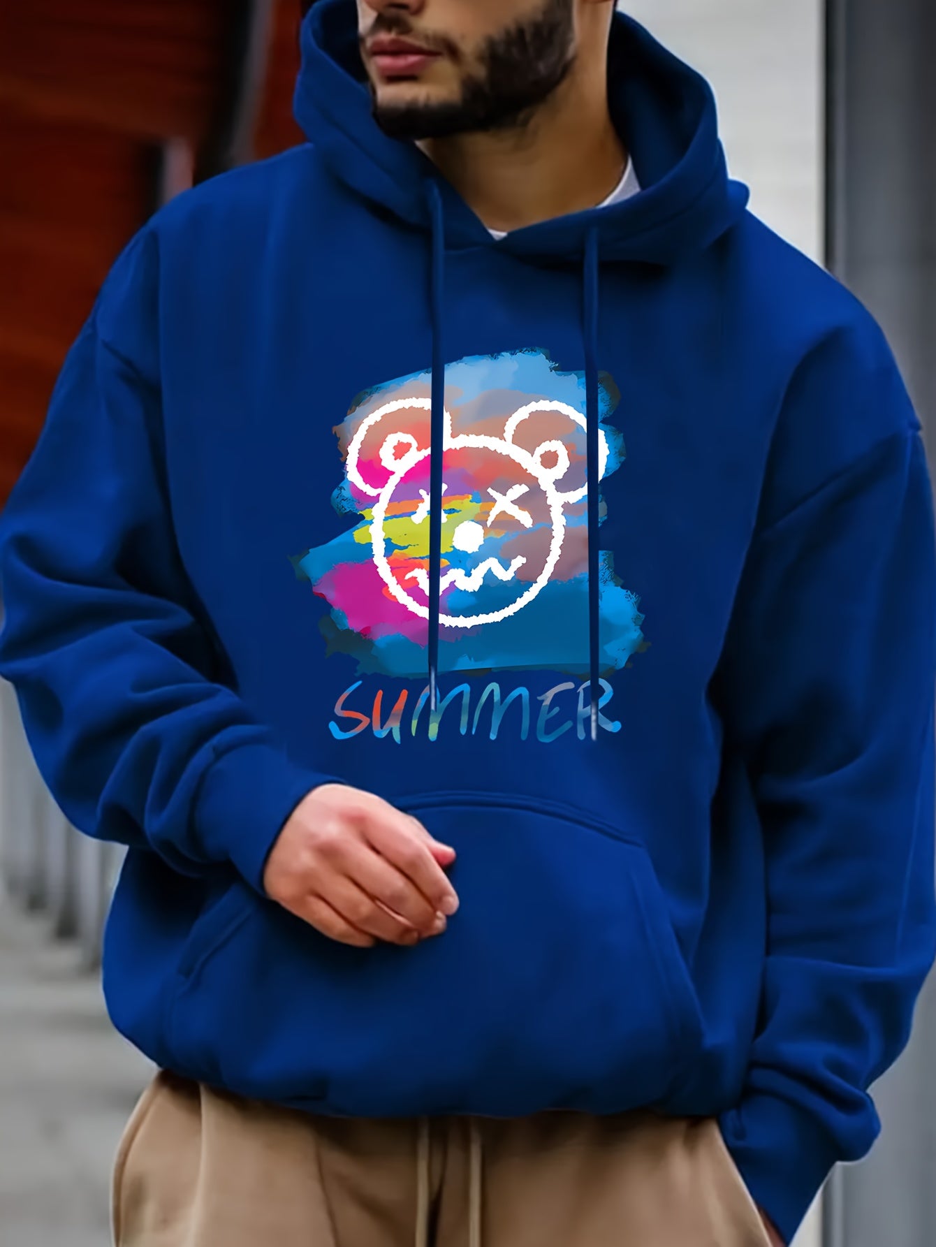 Bear Print Hoodie Men's Casual Graphic Pullover Sweatshirt