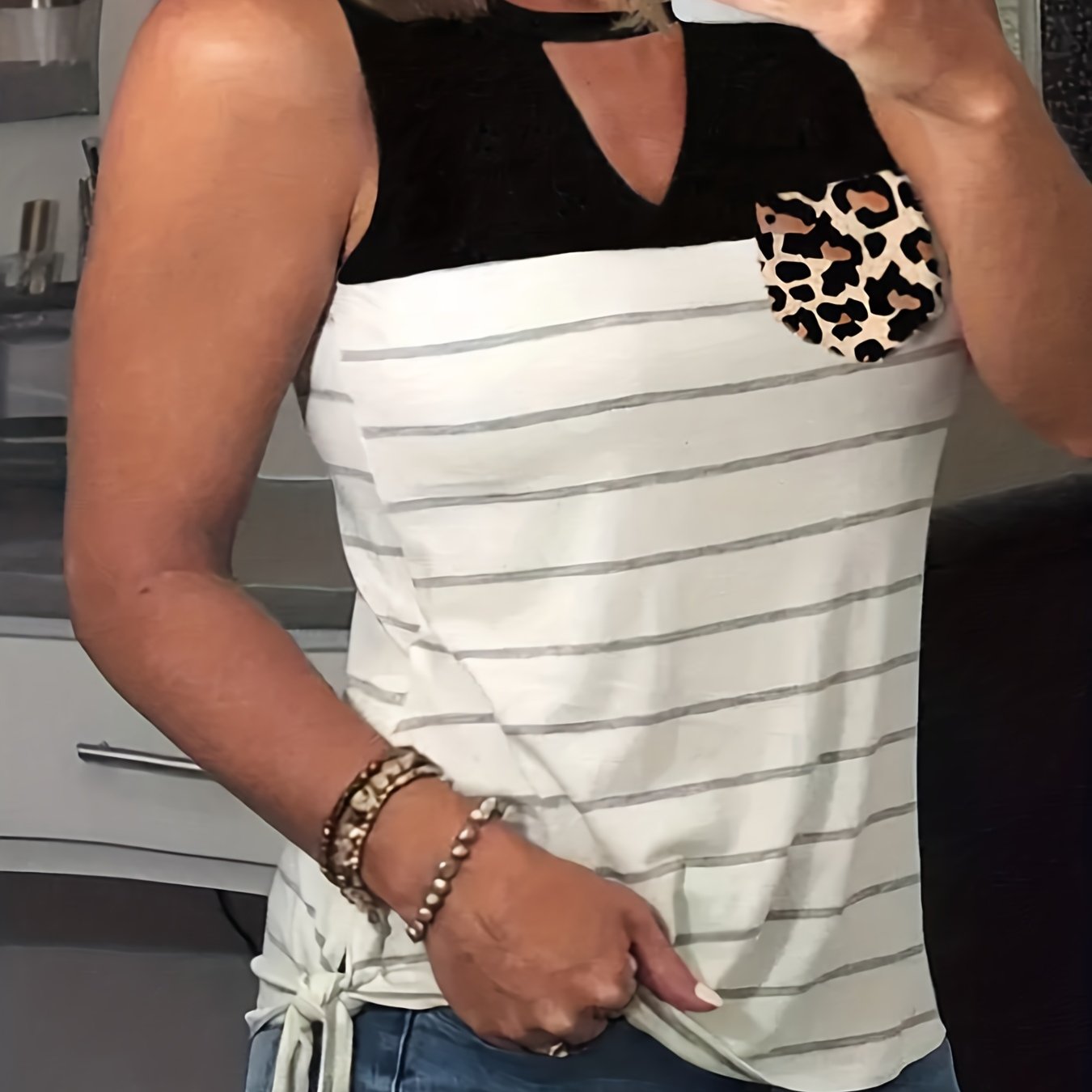 Plus Size Colorblock Stripe & Leopard Print V Neck Tank