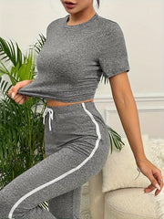 Colorblock Trim Lounge Set Short Sleeve Crew Neck Top & Elastic Waistband Pants