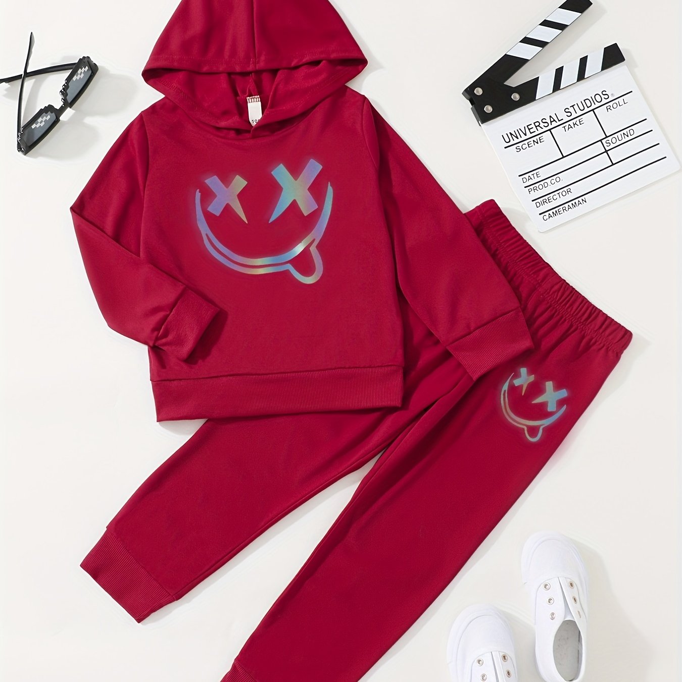 Boys 2pcs Hoodie & Pants Reflective Print Crew Neck Pullover Top