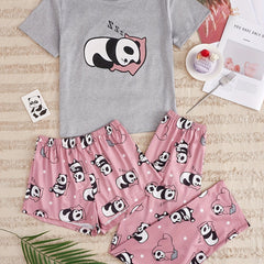 Panda Print Pajama Set Short Sleeve Tee & Shorts Women's Loungewear