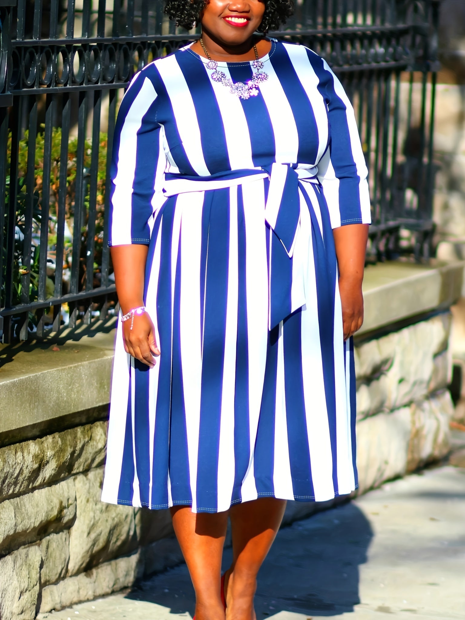 Retro Dress Women's Plus Strip Half Sleeve Round Neck Dress