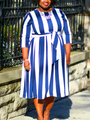 Retro Dress Women's Plus Strip Half Sleeve Round Neck Dress