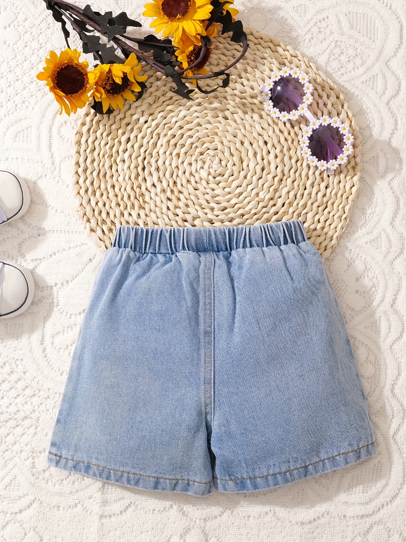 Baby's Sunflower Print Denim Shorts With Pockets