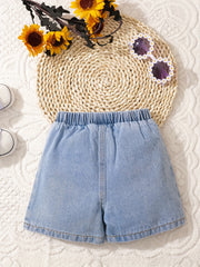 Baby's Sunflower Print Denim Shorts With Pockets