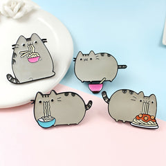 Cute Gray Cat Eating Noodle Brooch