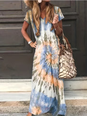 Tie Dye Short Sleeve V Neck Maxi Dress
