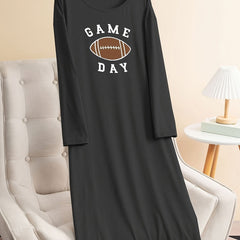 Sporty Lounge Dress Women's Plus Rugby & Letter Print Long Sleeve