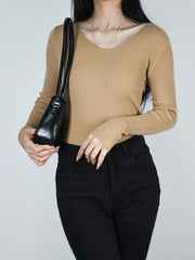 Solid V Neck Sweater Long Sleeve Casual Tops for Women