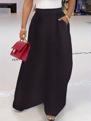 Solid Pleated Wide Leg Pants Dual Pockets High Waisted Pants