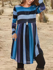 Colorblock Stripe Print Long Sleeve Round Neck Dress
