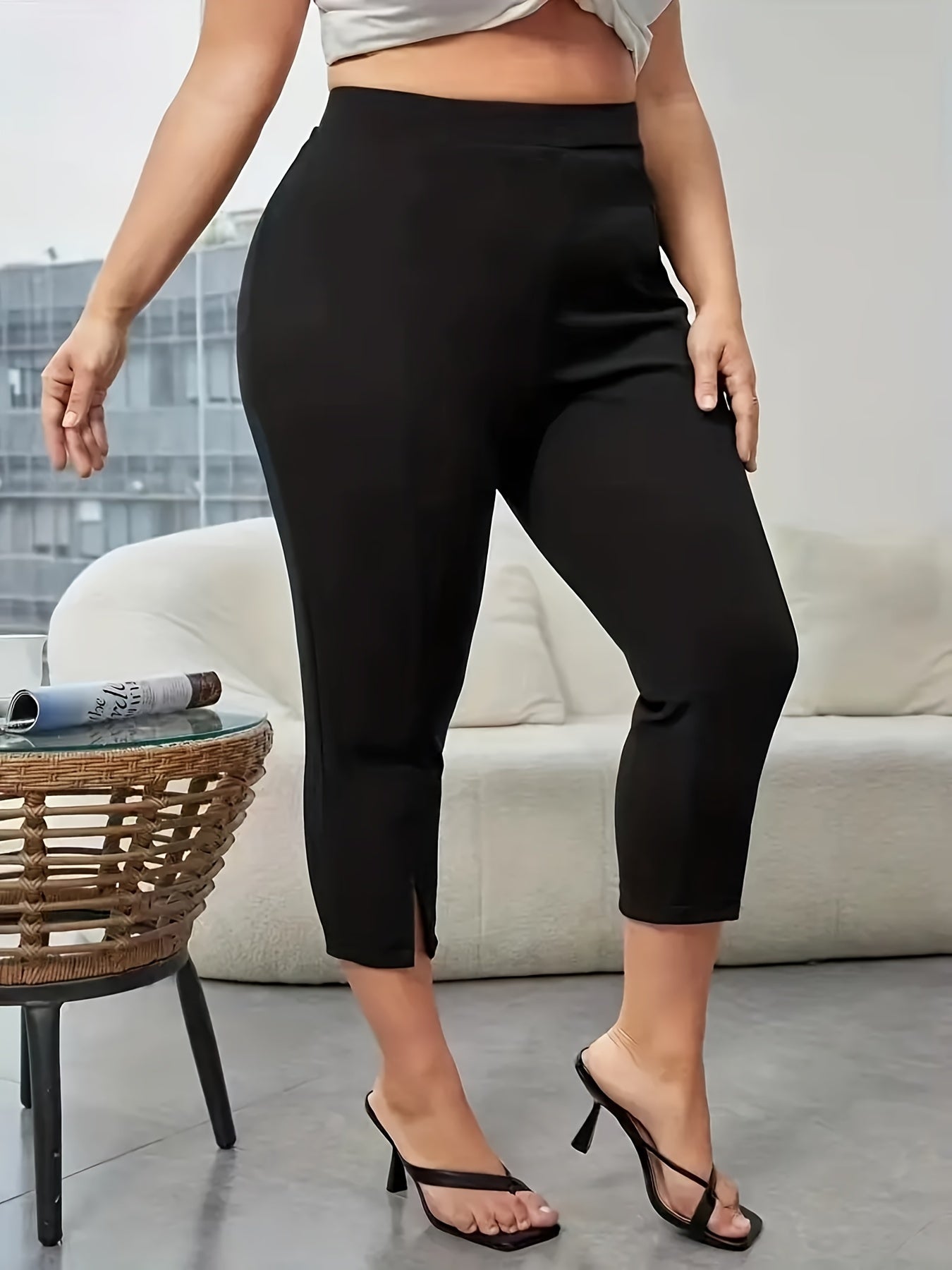Solid Cropped Pants Slim High Waist Casual