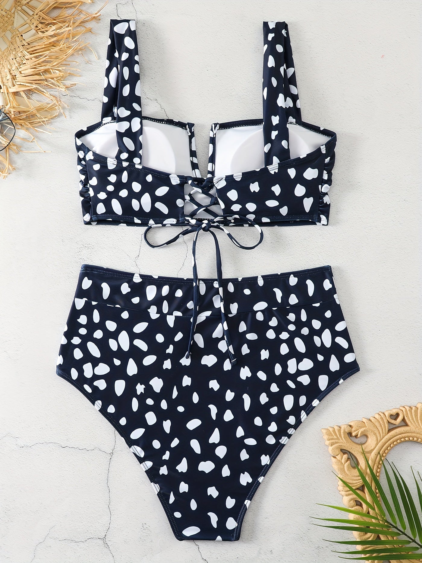 Retro Tankini Set Women's Plus Allover Print V Wired Lace Up Back Bra