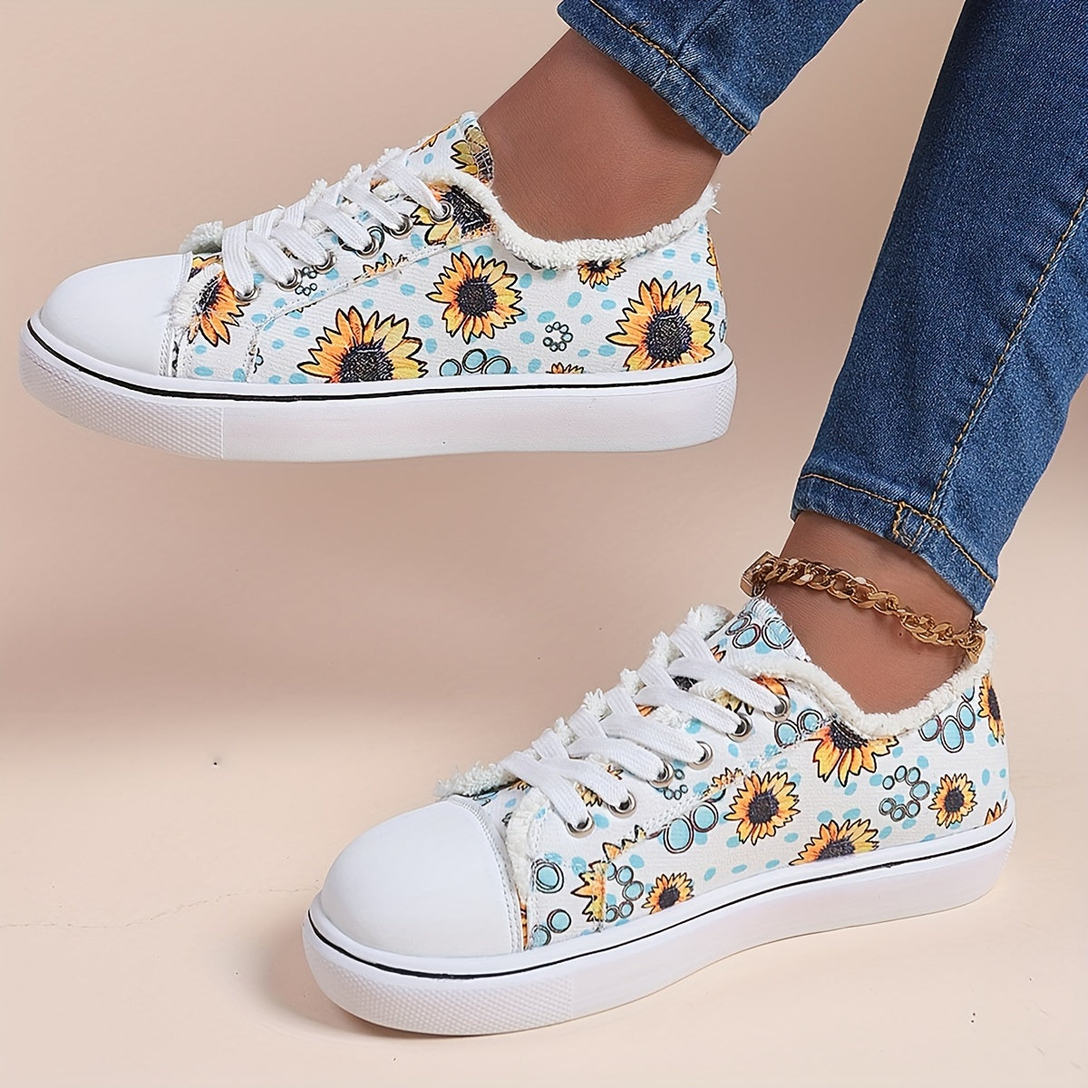 Sunflower Print Canvas Lace Up Sneakers Women