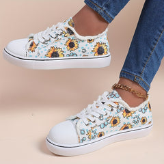 Sunflower Print Canvas Lace Up Sneakers Women