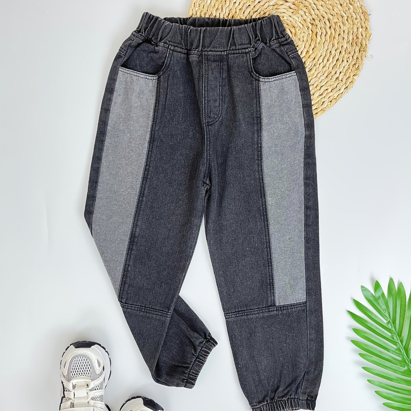 Boys Tapered Jeans Block Elastic Waist Denim Pants Kids Bottoms