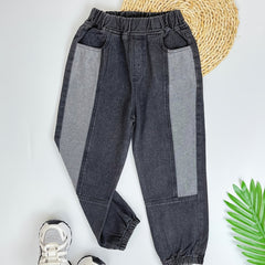 Boys Tapered Jeans Block Elastic Waist Denim Pants Kids Bottoms