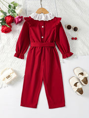 Toddler Girls Lace Neck Belted Rompers Jumpsuits for Beach Vacation