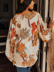 Boho Blouse Women's Plus Floral Dot Lantern Sleeve V Neck Loose